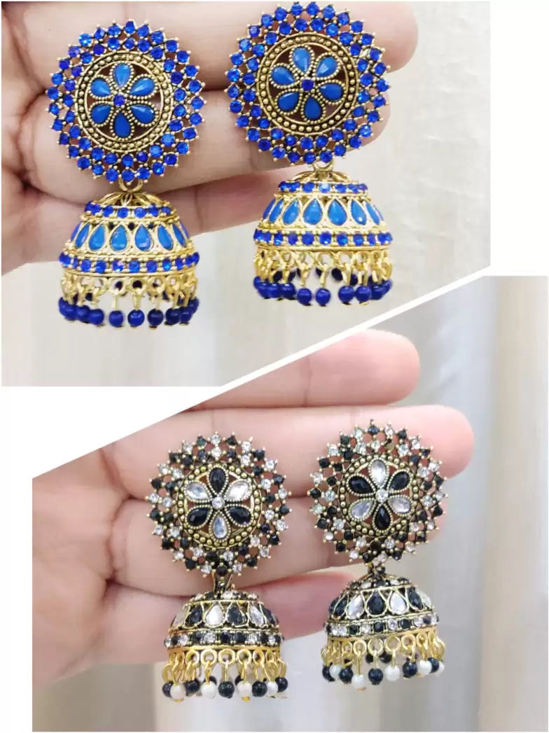 Premium Jaipuri Oxidized Set Of 12 Earrings Combo With Free 3 Rings Set