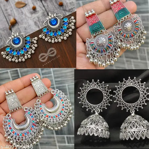 Premium Jaipuri Oxidized Set Of 12 Earrings Combo With Free 3 Rings Set
