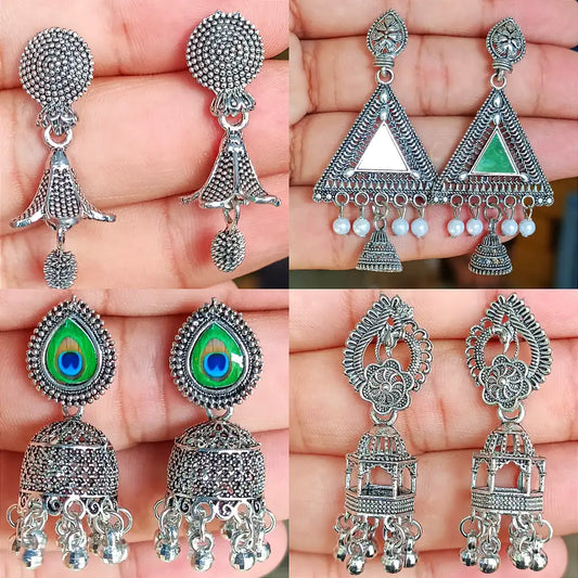 Premium Ethnic Oxidized Set of 9 Jhumkas Combo With Free 3 Rings Set